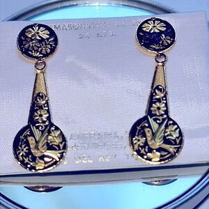 New on card vintage black & gold damascene birds & flowers post drop earrings